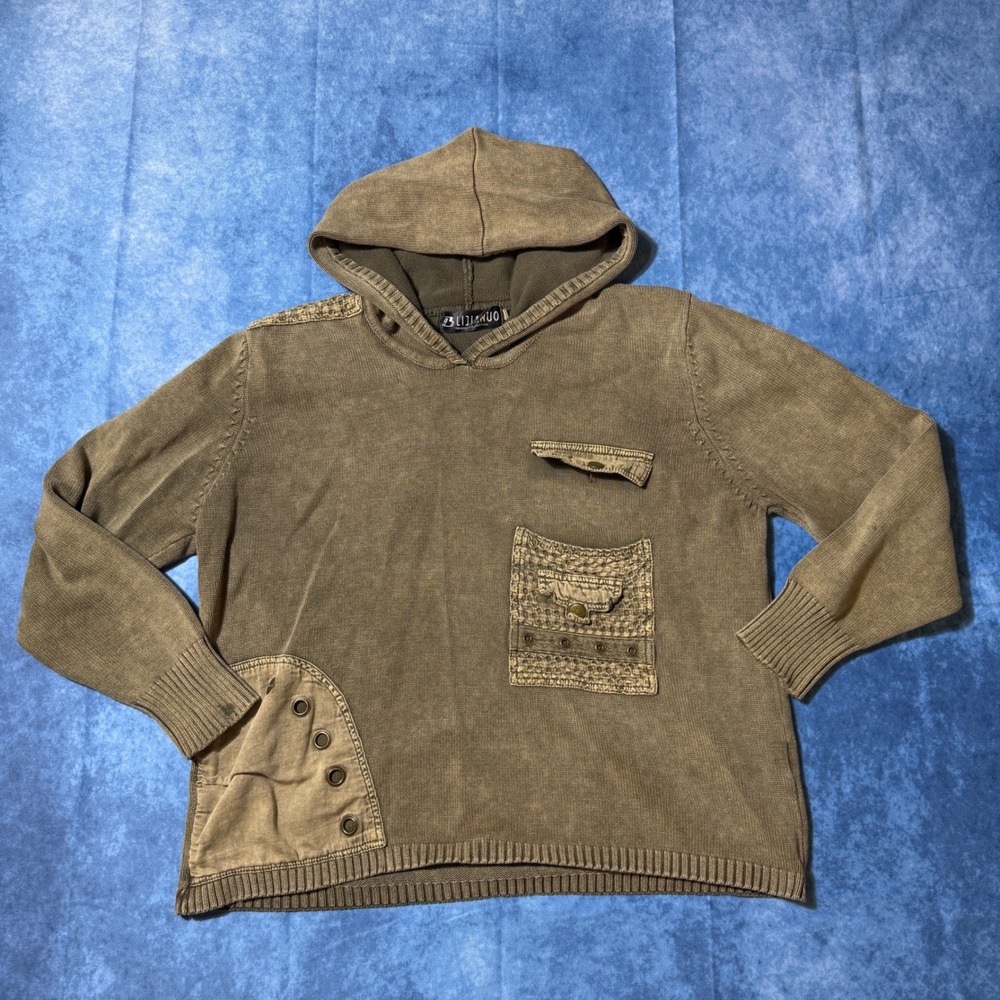 Y2K Grunge Bidimuo Distressed Hooded Knit Sweater Utility Pocket